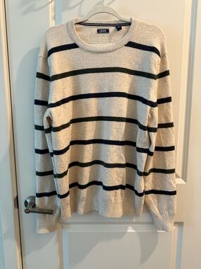 Izod Cream Crewneck Sweater with Navy and Dark Green Stripes